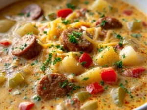 Cajun-Style Potato Soup in a bowl garnished with herbs