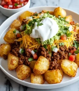Cheesy taco potatoes topped with melted cheese and garnished with herbs