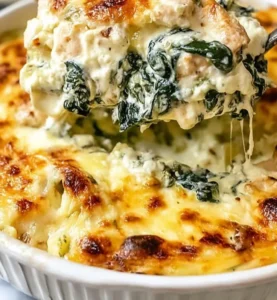 Delicious Chicken and Spinach Casserole with Cream Cheese in a baking dish
