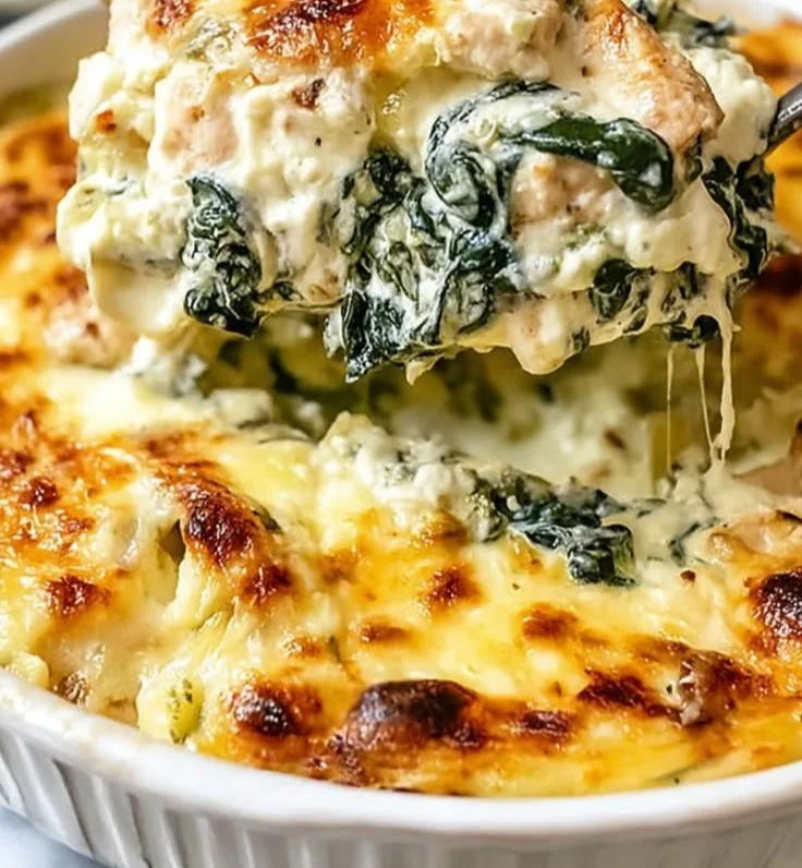 Delicious Chicken and Spinach Casserole with Cream Cheese in a baking dish