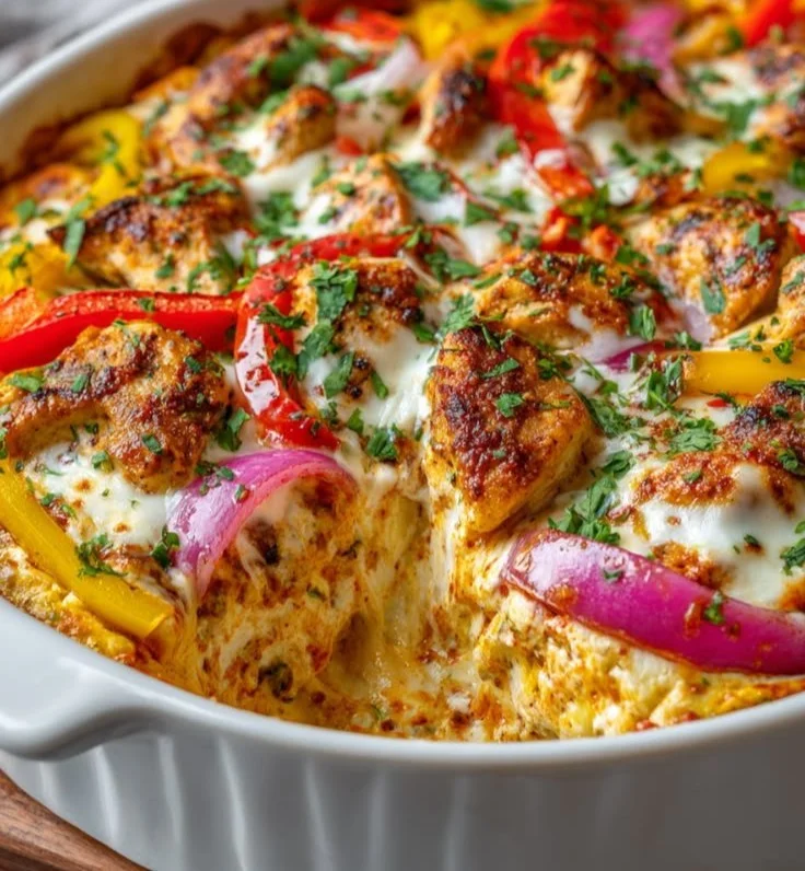 Delicious Chicken Fajita Bake topped with peppers and spices
