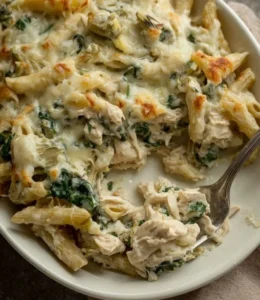 Delicious Chicken Pasta Bake topped with cheese and herbs in a baking dish