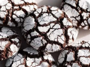 Delicious Chocolate Crinkle Cookies dusted with powdered sugar.
