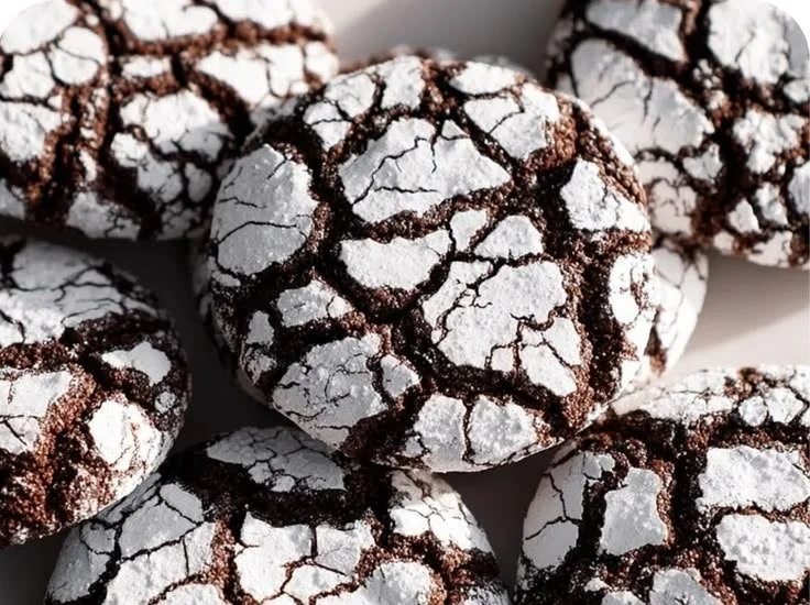 Delicious Chocolate Crinkle Cookies dusted with powdered sugar.