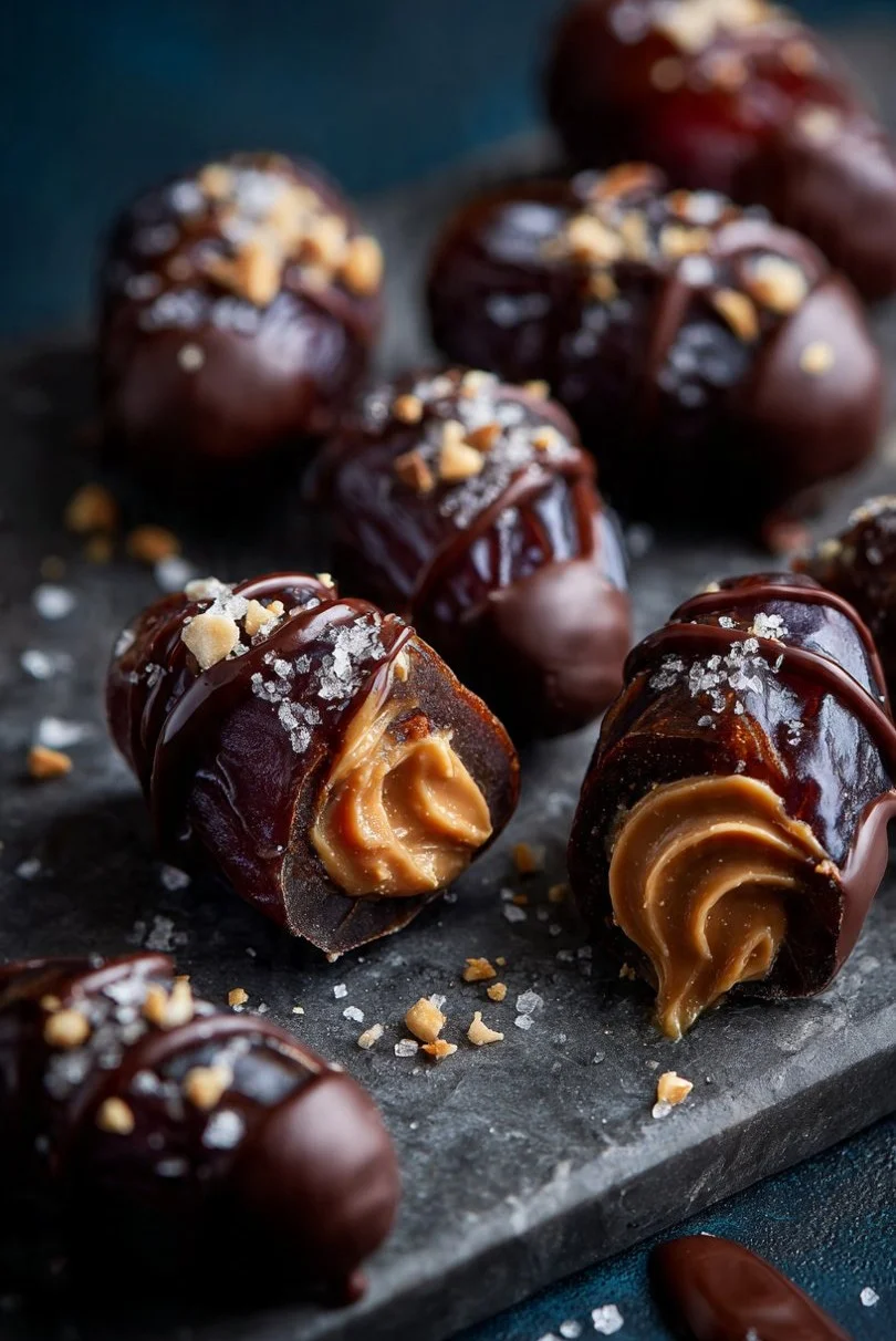 Chocolate dipped peanut butter dates on a wooden platter