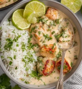 Delicious Coconut Lime Tofu garnished with fresh herbs and lime slices.