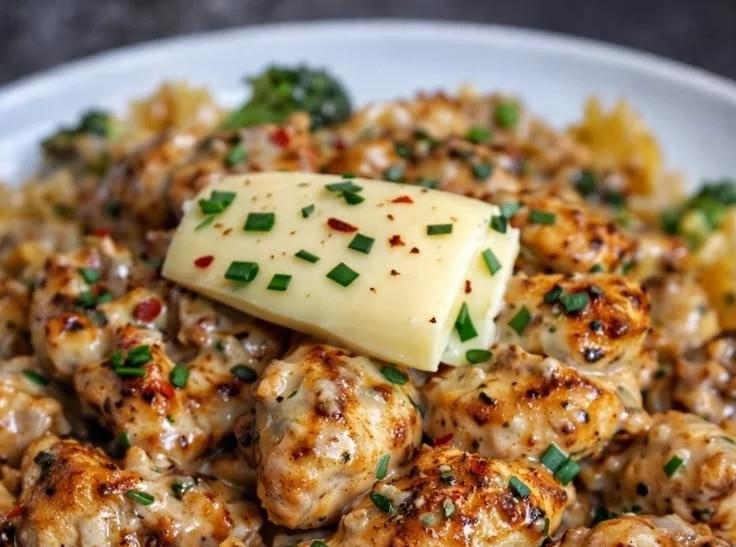 Cowboy Butter Lemon Bowtie Chicken with Broccoli served on a plate