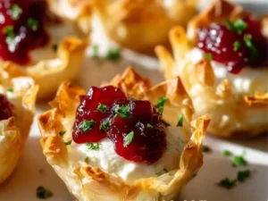 Cranberry Goat Cheese Phyllo Cups arranged on a platter for a festive appetizer.