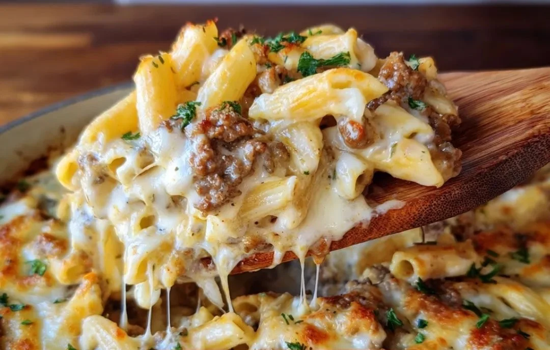 Creamy beef Alfredo ziti casserole topped with cheese and herbs.