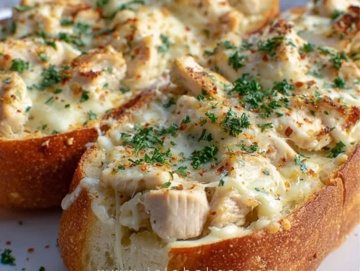 Creamy Chicken Alfredo served with garlic bread on a plate
