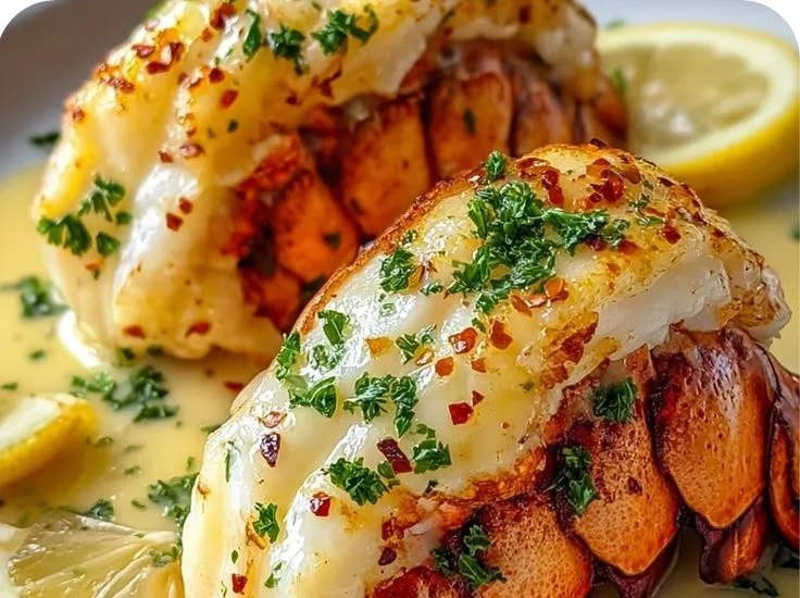 Delicious creamy garlic butter lobster tails served on a plate