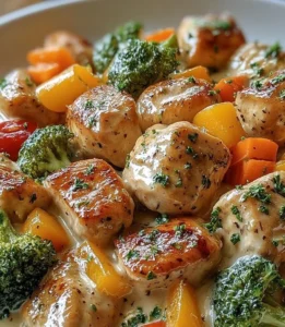 Creamy garlic chicken dish with fresh vegetables served on a plate