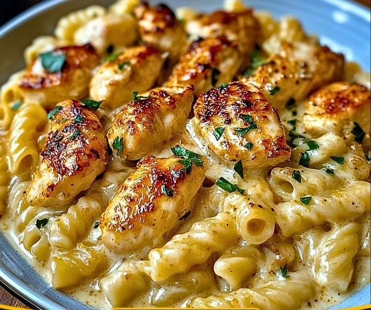 Delicious creamy garlic parmesan chicken served on a plate with herbs