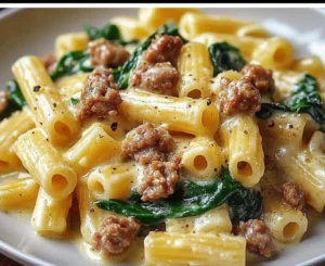 Creamy ground turkey spinach pasta dish served in a bowl