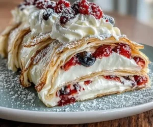 Delicious and colorful crepe roll cake with layers and filling