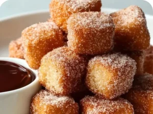 Crispy angel cake churro bites served with a sweet dipping sauce.