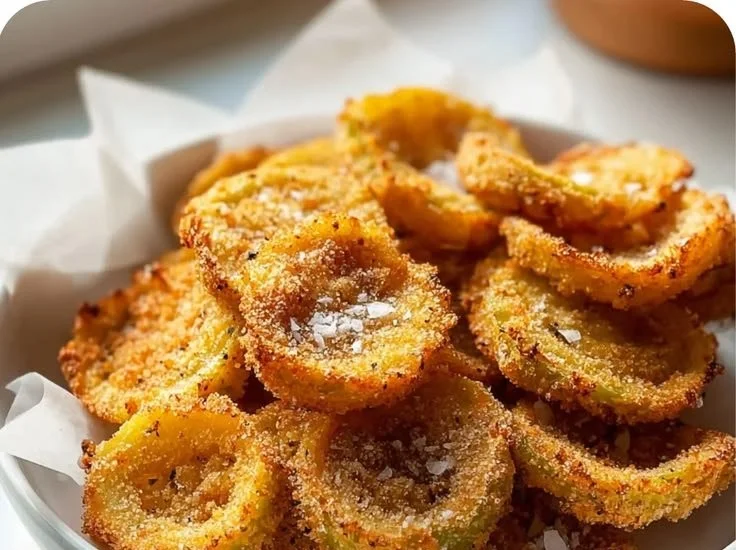 Plate of crispy banana pepper coins garnished with herbs.