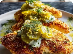 Crispy dill pickle parmesan chicken served on a plate