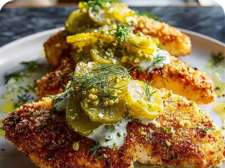 Crispy dill pickle parmesan chicken served on a plate