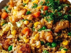 Plate of crispy garlic chicken fried rice with colorful vegetables and garlic garnishing