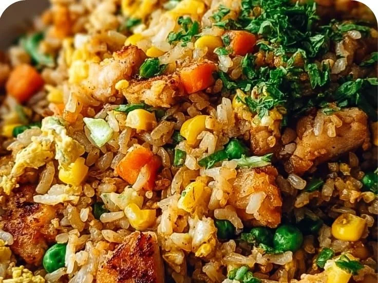 Plate of crispy garlic chicken fried rice with colorful vegetables and garlic garnishing