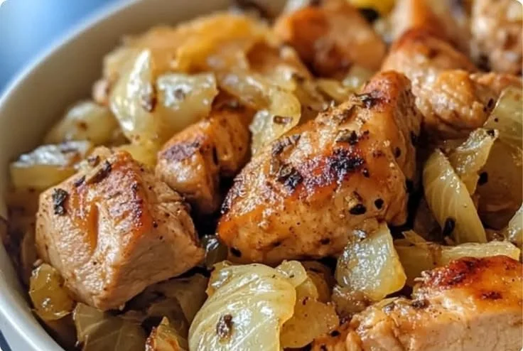 Crockpot chicken with cabbage and onions served in a rustic dish