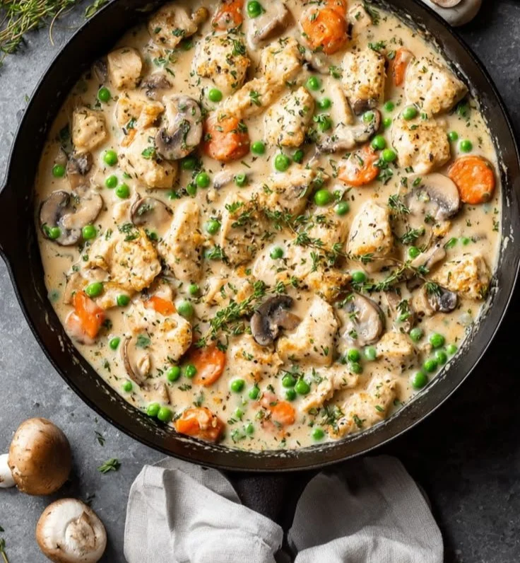 Crustless chicken pot pie skillet with vegetables in a frying pan