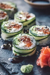 Healthy cucumber sushi rolls with fresh ingredients and vibrant presentation