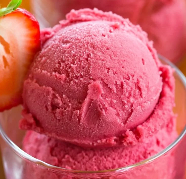 Bowl of homemade easy 3 ingredient strawberry sorbet