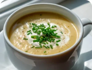 Bowl of easy comfort soup garnished with herbs and fresh vegetables