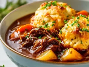 Bowl of easy Irish stew topped with cheddar dumplings