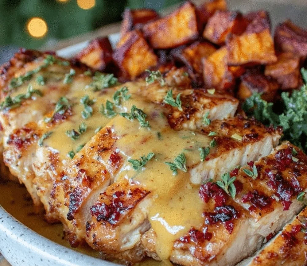 Delicious Maple Dijon Chicken Bowl topped with greens and served in a rustic bowl