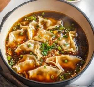 Delicious easy potsticker soup served in a bowl with garnishes