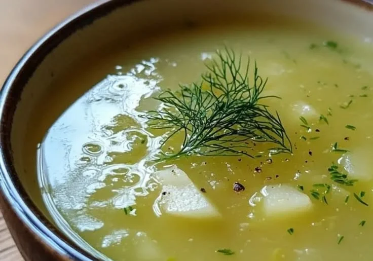 A steaming bowl of fennel apple broth soup garnished with fresh herbs.