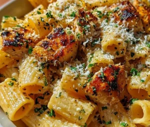 Delicious Garlic Butter Chicken served with rigatoni and topped with Parmesan cheese
