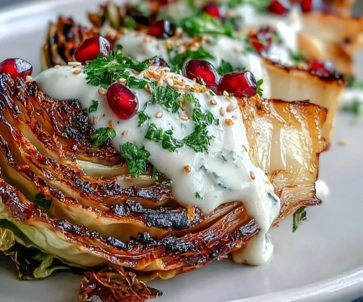 Grilled cabbage wedges drizzled with tahini sauce on a plate
