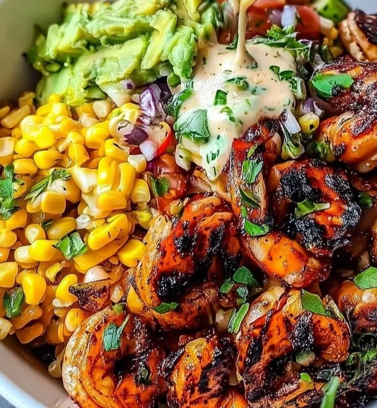 Delicious grilled shrimp bowl served with fresh vegetables and rice