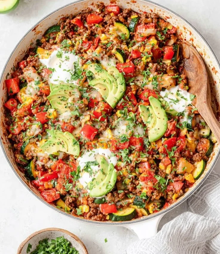 Ground beef and zucchini skillet dish served in a frying pan