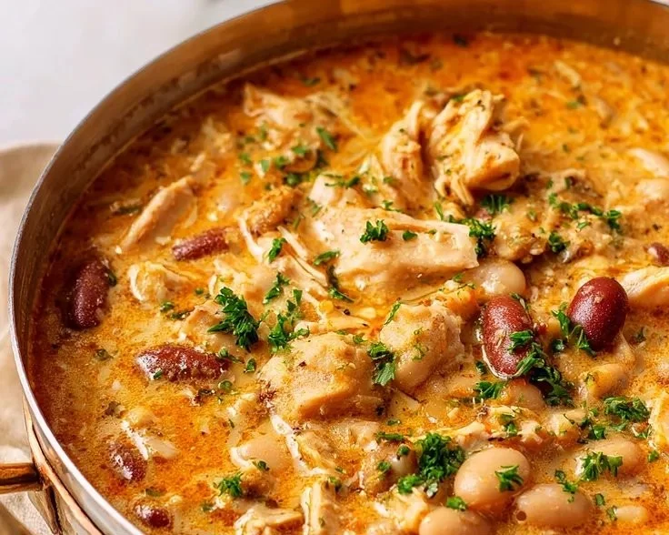 Bowl of Hearty Cajun White Chicken Chili topped with cilantro and jalapeños
