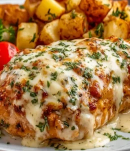 High Protein Cheesy Chicken Potatoes in a serving dish