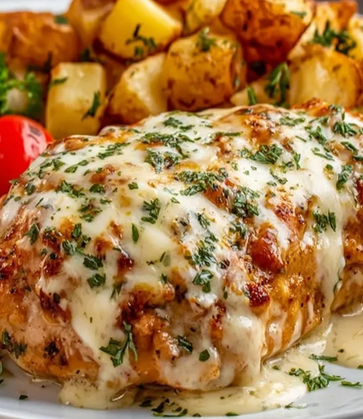 High Protein Cheesy Chicken Potatoes in a serving dish