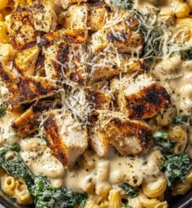 High protein garlic parmesan pasta bowl garnished with herbs and cheese.