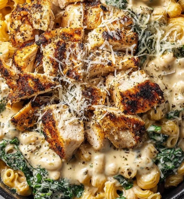 High protein garlic parmesan pasta bowl garnished with herbs and cheese.