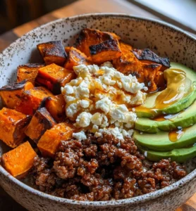 High Protein Hot Honey Beef Bowl with colorful ingredients