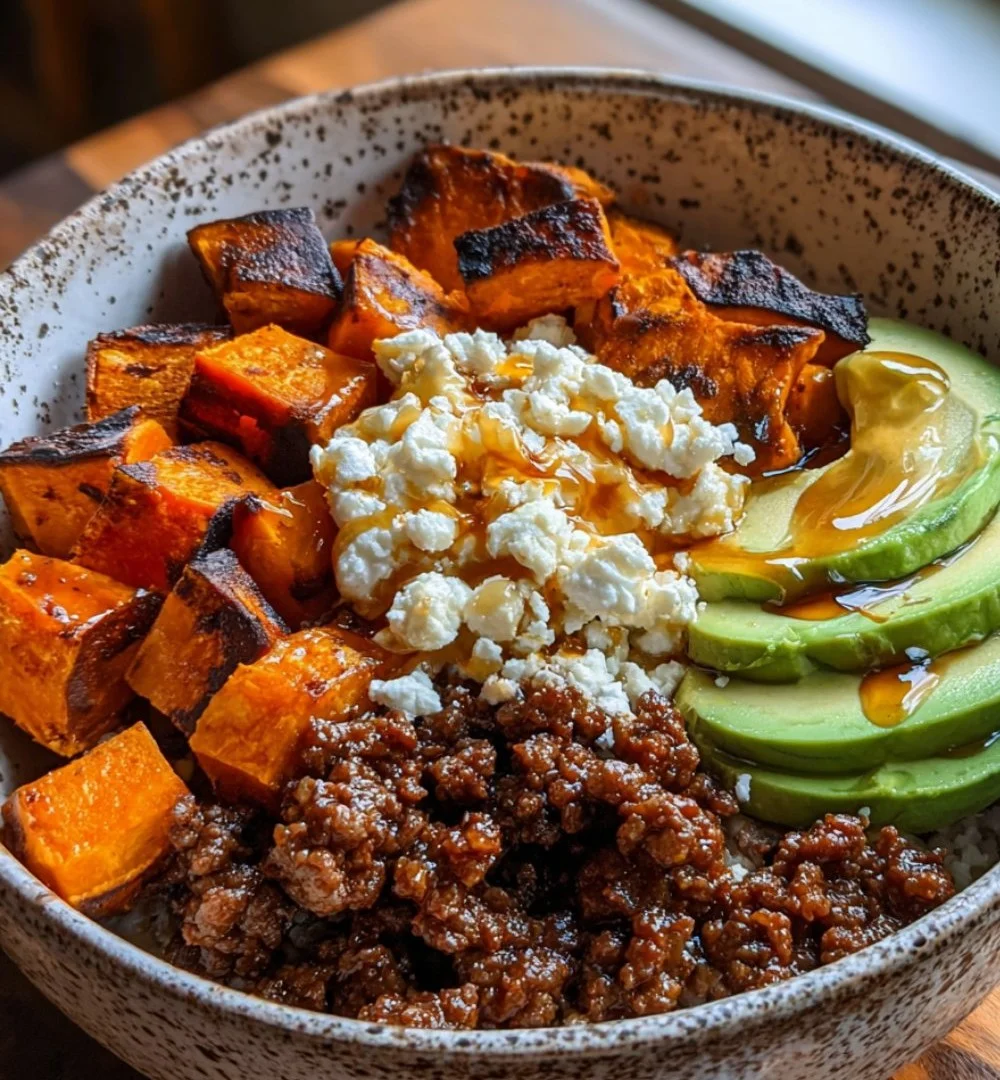 High Protein Hot Honey Beef Bowl with colorful ingredients