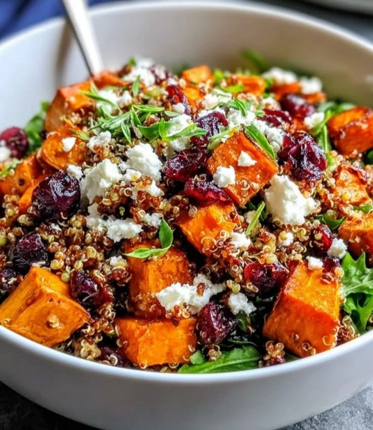High Protein Sweet Potato Quinoa Salad with colorful veggies and fresh herbs