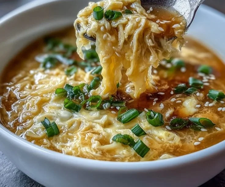 Delicious homemade egg drop soup served in a bowl garnished with green onions