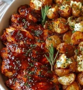 Honey BBQ Chicken served with roasted potatoes on a plate