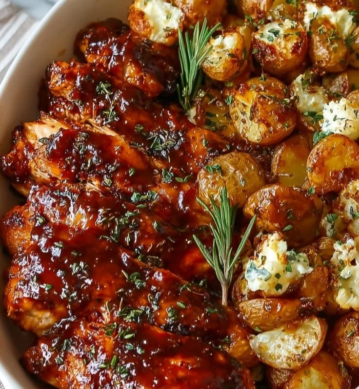 Honey BBQ Chicken served with roasted potatoes on a plate