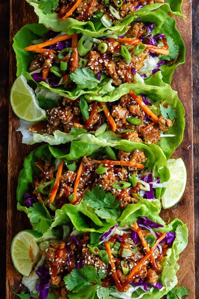 Honey Garlic Chicken Lettuce Wraps served in crisp lettuce leaves.
